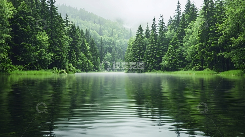 高清大图下载【趣麦麦图】平静湖面上的绿色森林