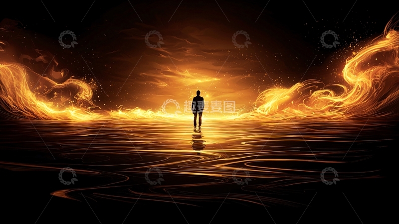 高清大图下载【趣麦麦图】孤独的人影面对火焰光芒