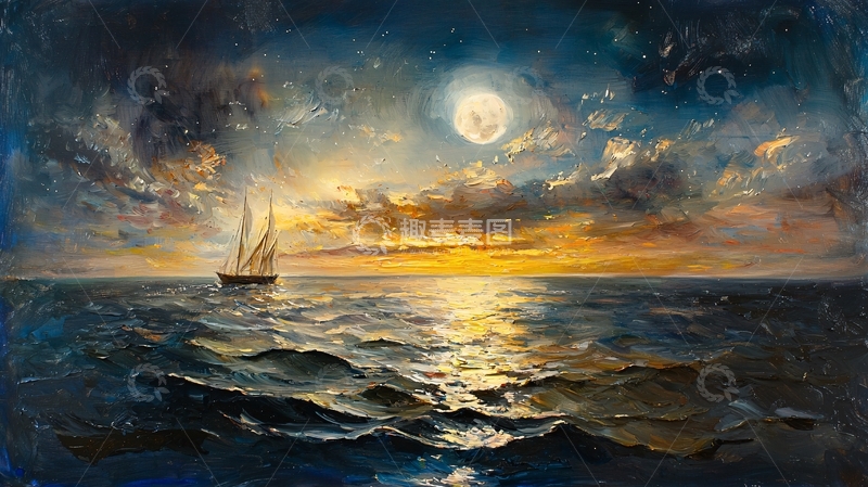 高清大图下载【趣麦麦图】海面帆船月亮光辉