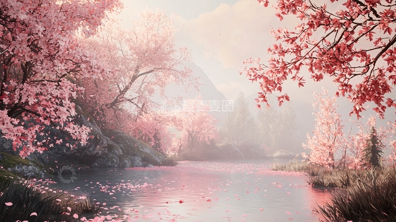 高清大图下载【趣麦麦图】粉色花树环绕的湖面
