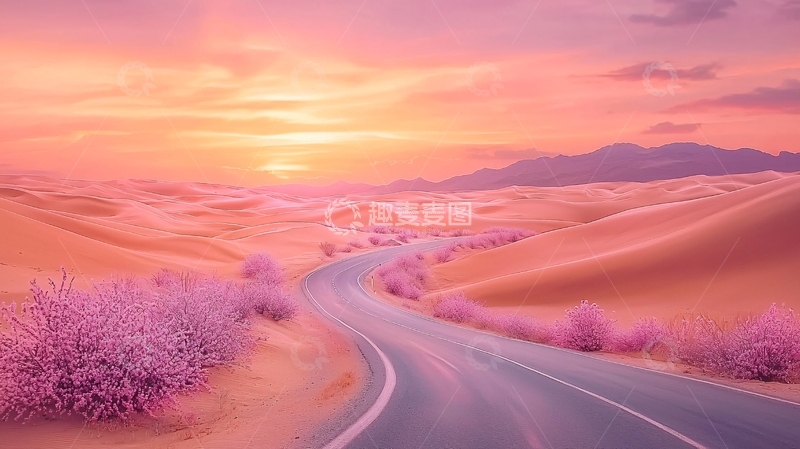 高清大图下载【趣麦麦图】粉色天空下的公路