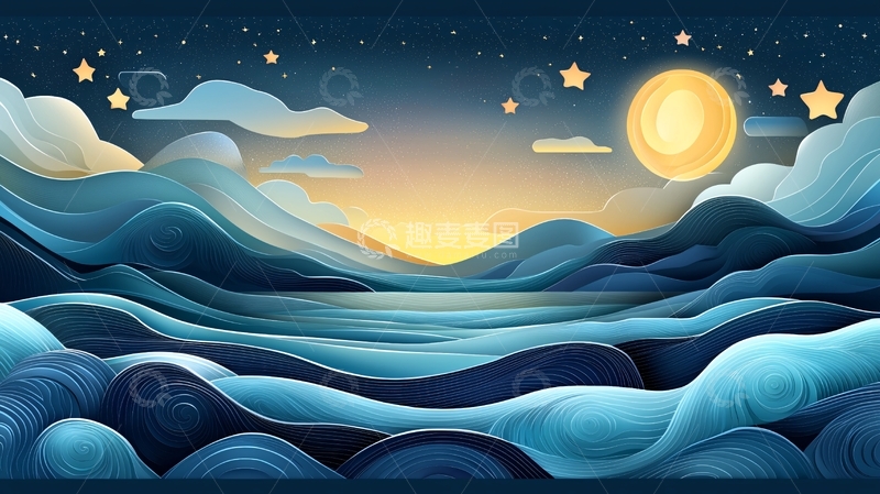 高清大图下载【趣麦麦图】梦幻星空海面插画