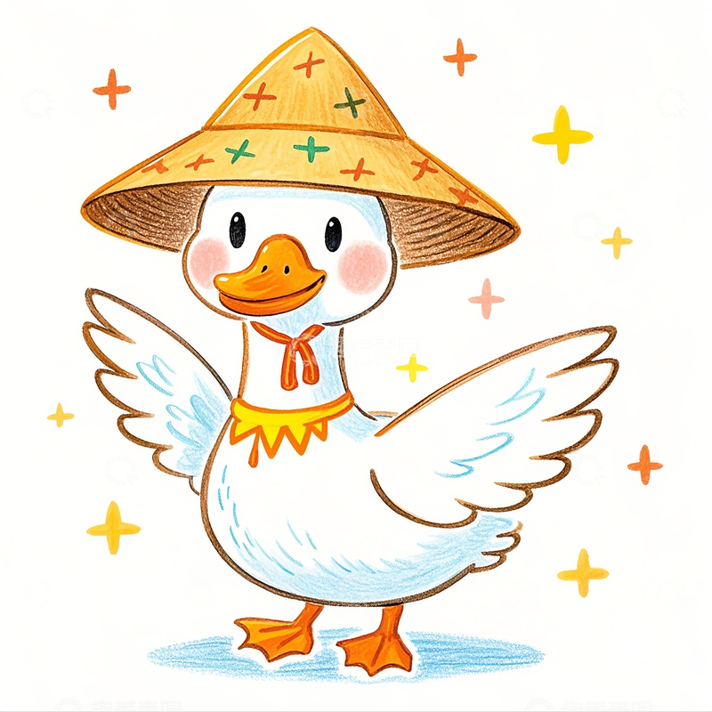 高清大图下载【趣麦麦图】彩铅手绘Q版卡通戴帽子大鹅
