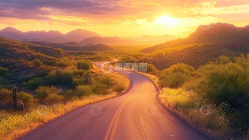 高清大图下载【趣麦麦图】蜿蜒道路日落美景