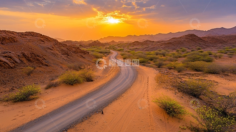 高清大图下载【趣麦麦图】荒漠公路日落美景