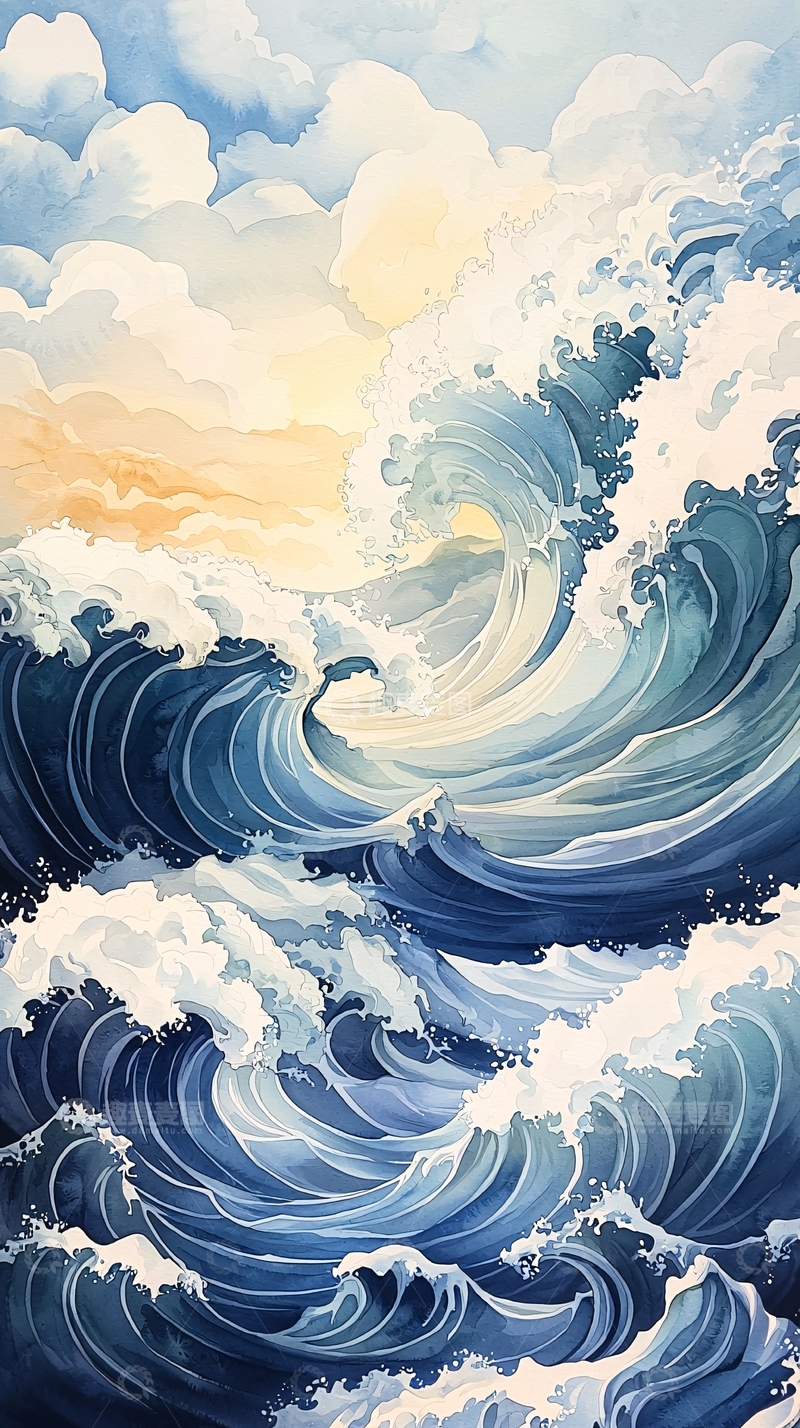高清大图下载【趣麦麦图】水彩海浪波涛汹涌