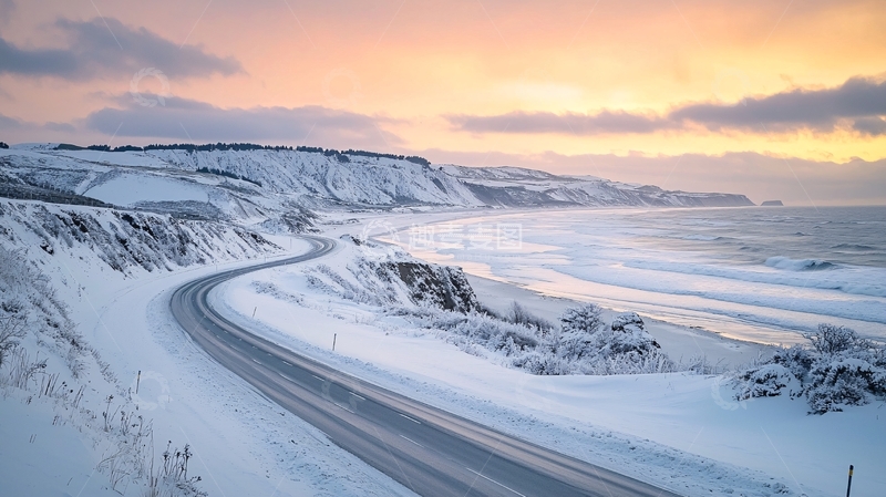 高清大图下载【趣麦麦图】雪后海岸公路风景