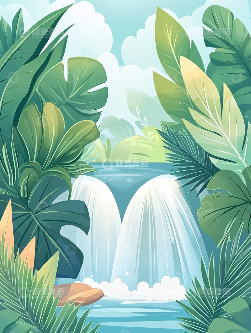 高清大图下载【趣麦麦图】瀑布丛林风背景
