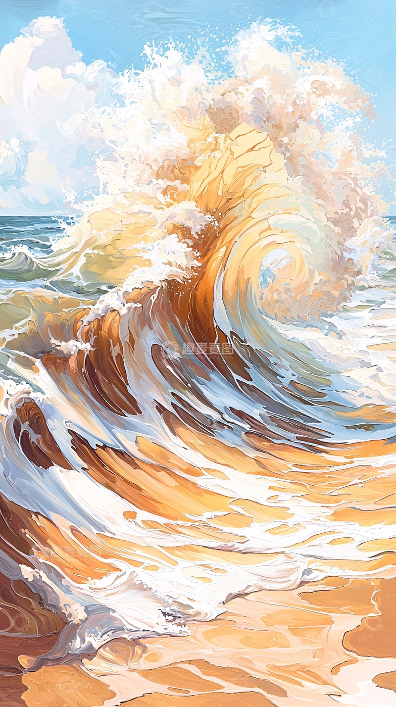 高清大图下载【趣麦麦图】金色海浪的油画质感