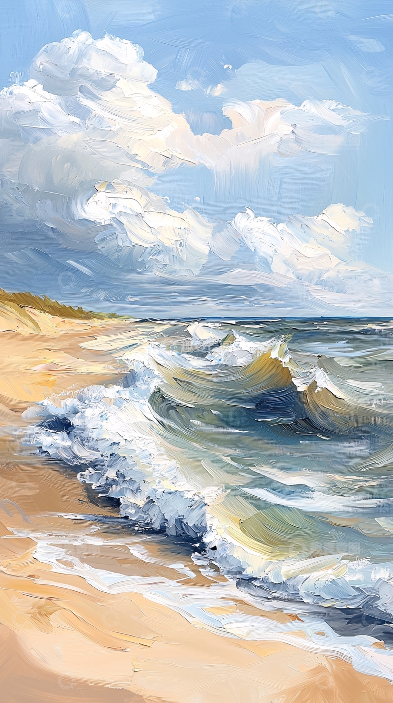 高清大图下载【趣麦麦图】海边油画风格风景