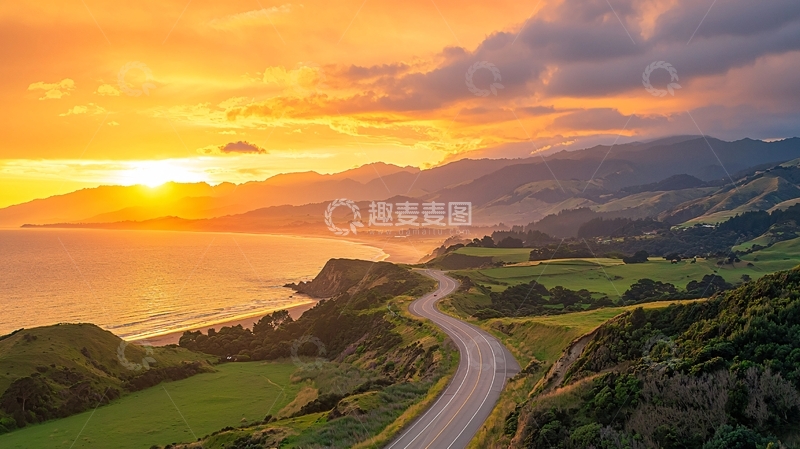 高清大图下载【趣麦麦图】金色日落下的海岸公路