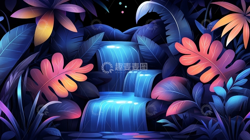 高清大图下载【趣麦麦图】神秘夜间瀑布与热带植物