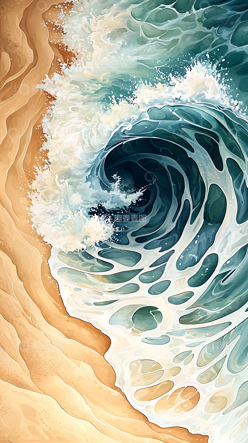 高清大图下载【趣麦麦图】海浪涌上海滩的水彩画
