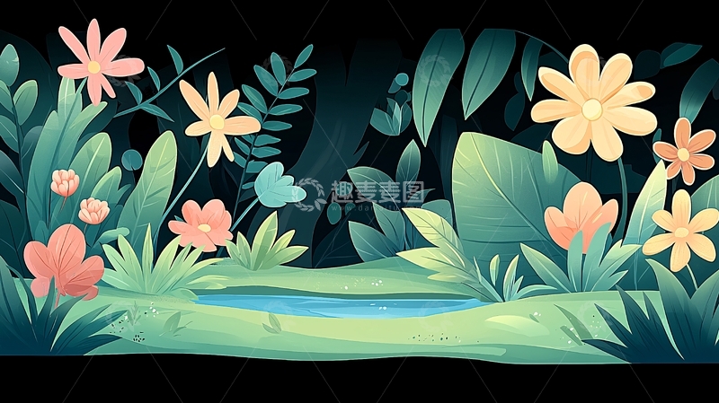 高清大图下载【趣麦麦图】卡通风格丛林池塘