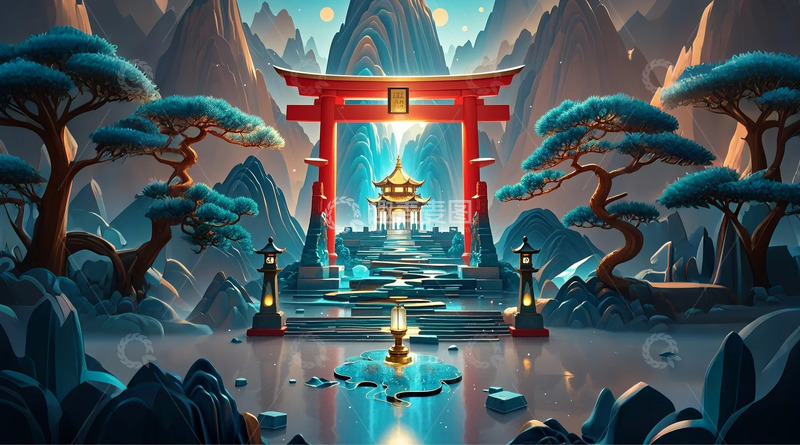 高清大图下载【趣麦麦图】新中式古建筑插画