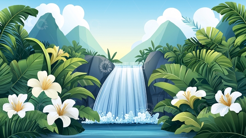 高清大图下载【趣麦麦图】热带雨林瀑布鲜花