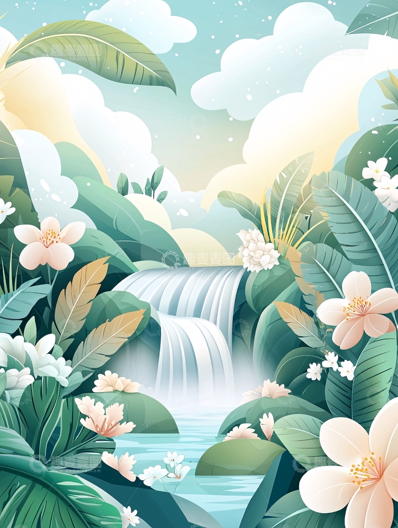 高清大图下载【趣麦麦图】唯美瀑布花园背景