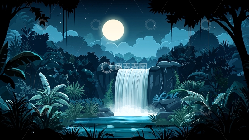 高清大图下载【趣麦麦图】月夜下的瀑布热带丛林