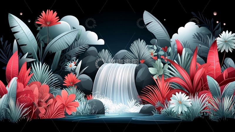 高清大图下载【趣麦麦图】梦幻瀑布热带植物场景