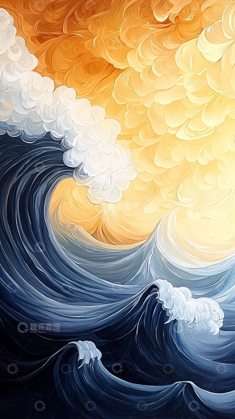 高清大图下载【趣麦麦图】汹涌的波涛与金色天空