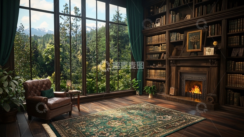 高清大图下载【趣麦麦图】壁炉旁的舒适书房