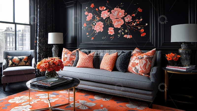 高清大图下载【趣麦麦图】优雅的深色客厅搭配亮橙色点缀
