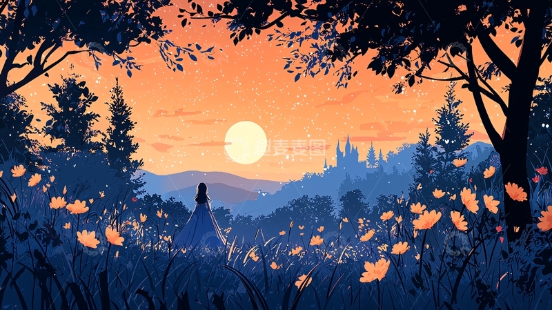 高清大图下载【趣麦麦图】梦幻森林日落少女背影