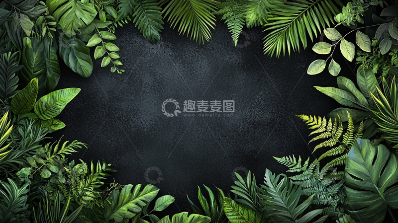 高清大图下载【趣麦麦图】茂密热带植物环绕深色背景