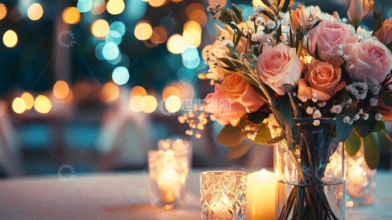 高清大图下载【趣麦麦图】浪漫餐桌玫瑰花烛光背景模糊