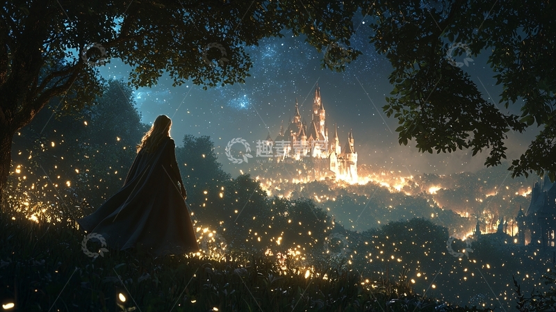 高清大图下载【趣麦麦图】女子眺望远方城堡夜景