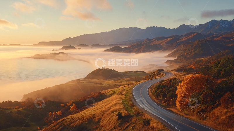 高清大图下载【趣麦麦图】金色阳光下的蜿蜒公路