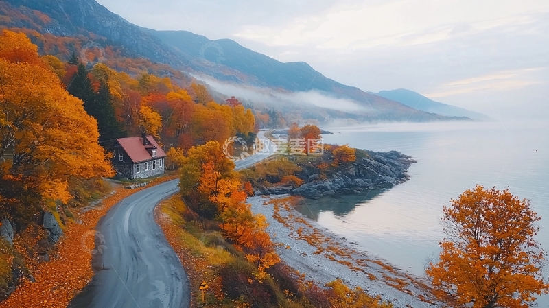 高清大图下载【趣麦麦图】秋日湖畔公路旁的房屋