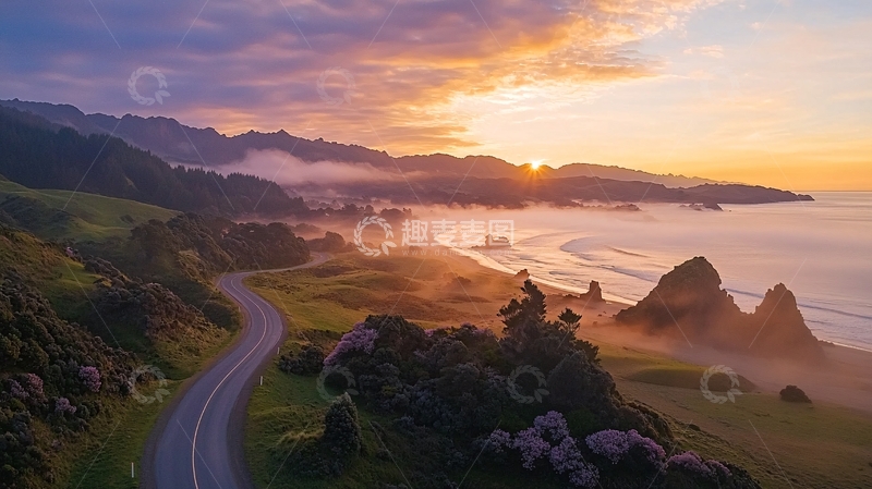 高清大图下载【趣麦麦图】海边日出公路