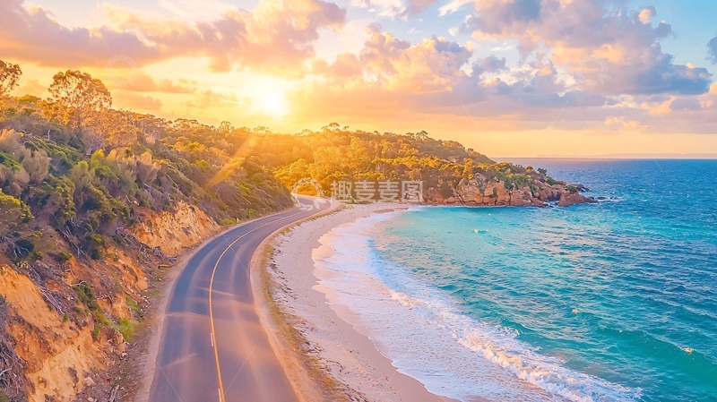 高清大图下载【趣麦麦图】海边公路日落美景