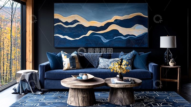 高清大图下载【趣麦麦图】蓝色调客厅油画