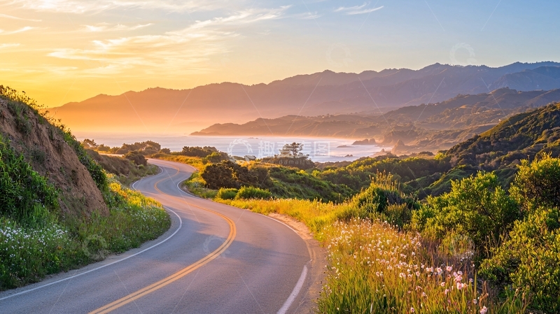 高清大图下载【趣麦麦图】蜿蜒公路日落景色