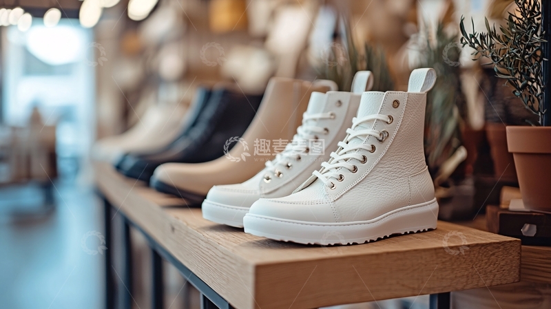 高清大图下载【趣麦麦图】多种颜色的靴子在木架上