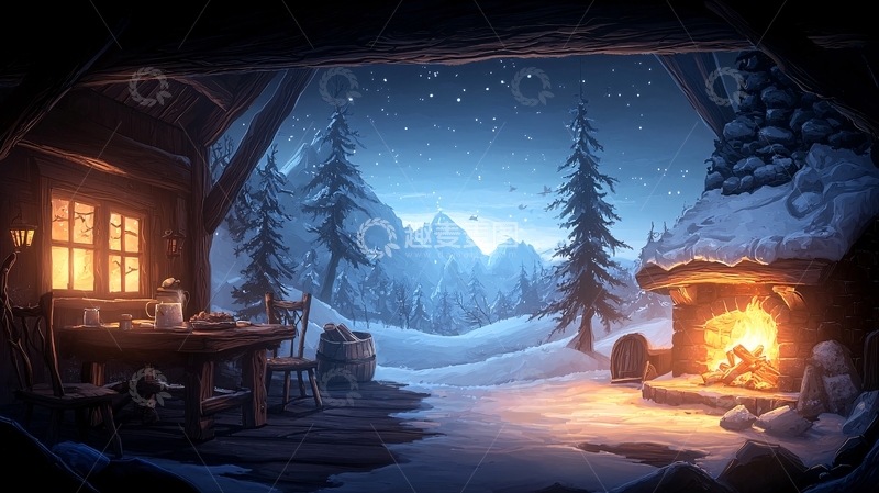 高清大图下载【趣麦麦图】雪山小屋夜晚壁炉温馨