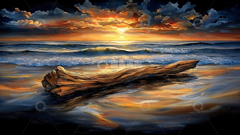 高清大图下载【趣麦麦图】海滩落日下的漂流木