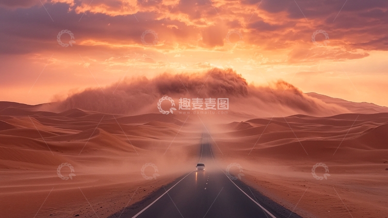高清大图下载【趣麦麦图】沙漠公路日落美景