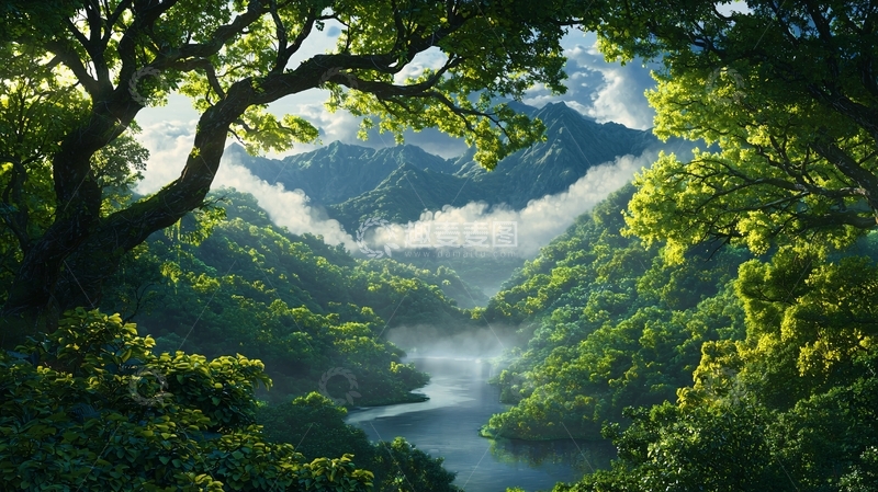 高清大图下载【趣麦麦图】绿色森林河流山脉风景如画