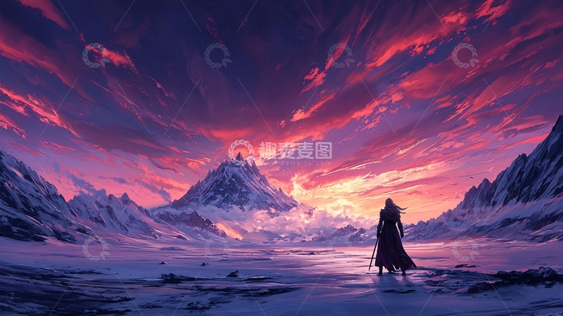 高清大图下载【趣麦麦图】雪山红霞下的孤独身影