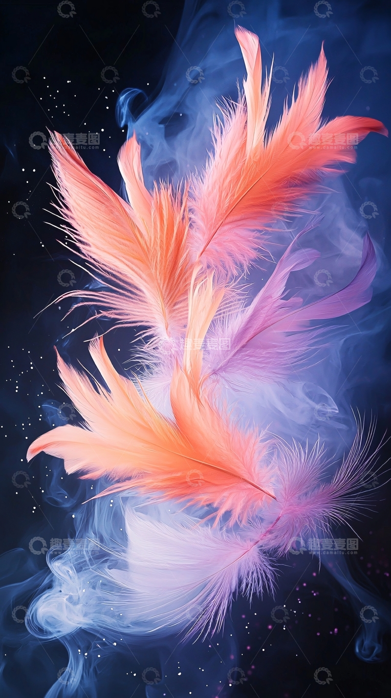 高清大图下载【趣麦麦图】彩色羽毛漂浮在烟雾中