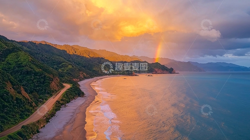 高清大图下载【趣麦麦图】海岸彩虹夕阳美景