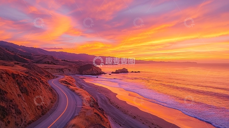 高清大图下载【趣麦麦图】壮丽海岸线日落景色