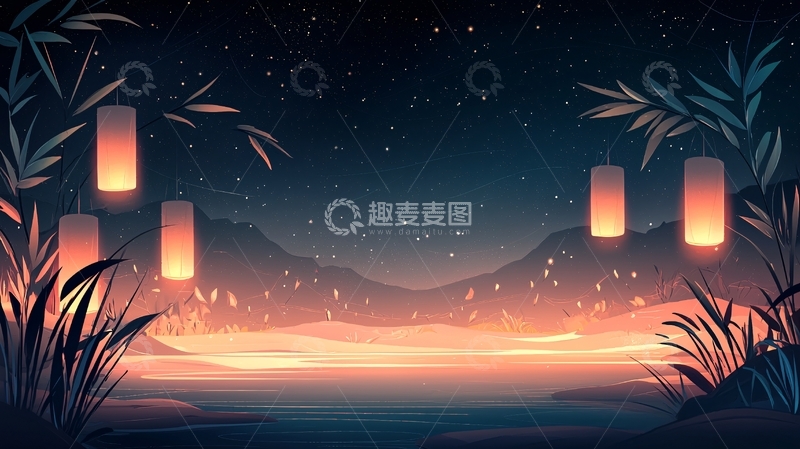 高清大图下载【趣麦麦图】夜晚星空灯笼