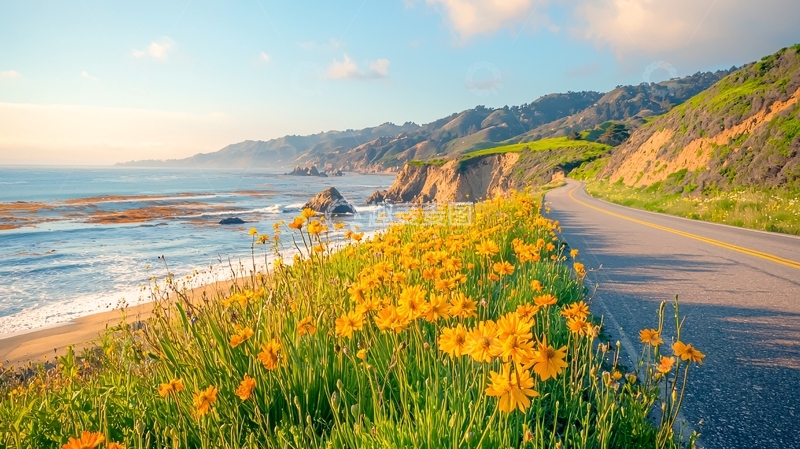 高清大图下载【趣麦麦图】海边公路与鲜花