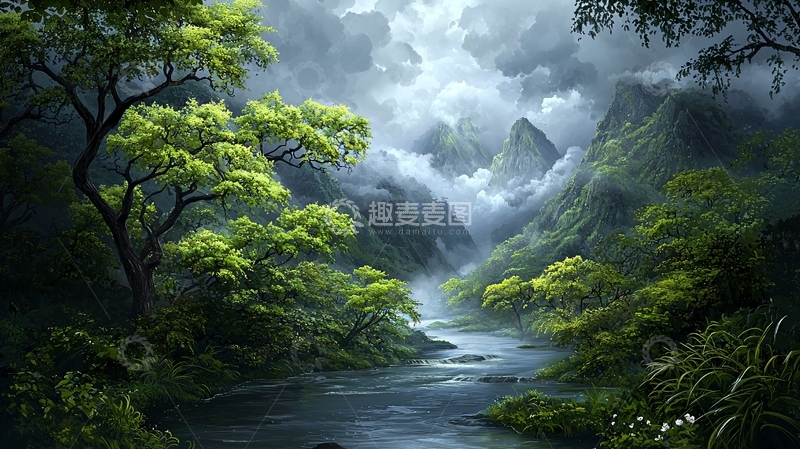 高清大图下载【趣麦麦图】山间绿树河流的风景