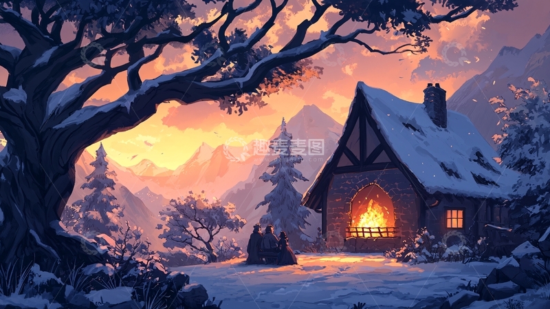 高清大图下载【趣麦麦图】雪中小屋日落背景