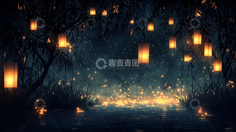 高清大图下载【趣麦麦图】森林中的灯笼夜景